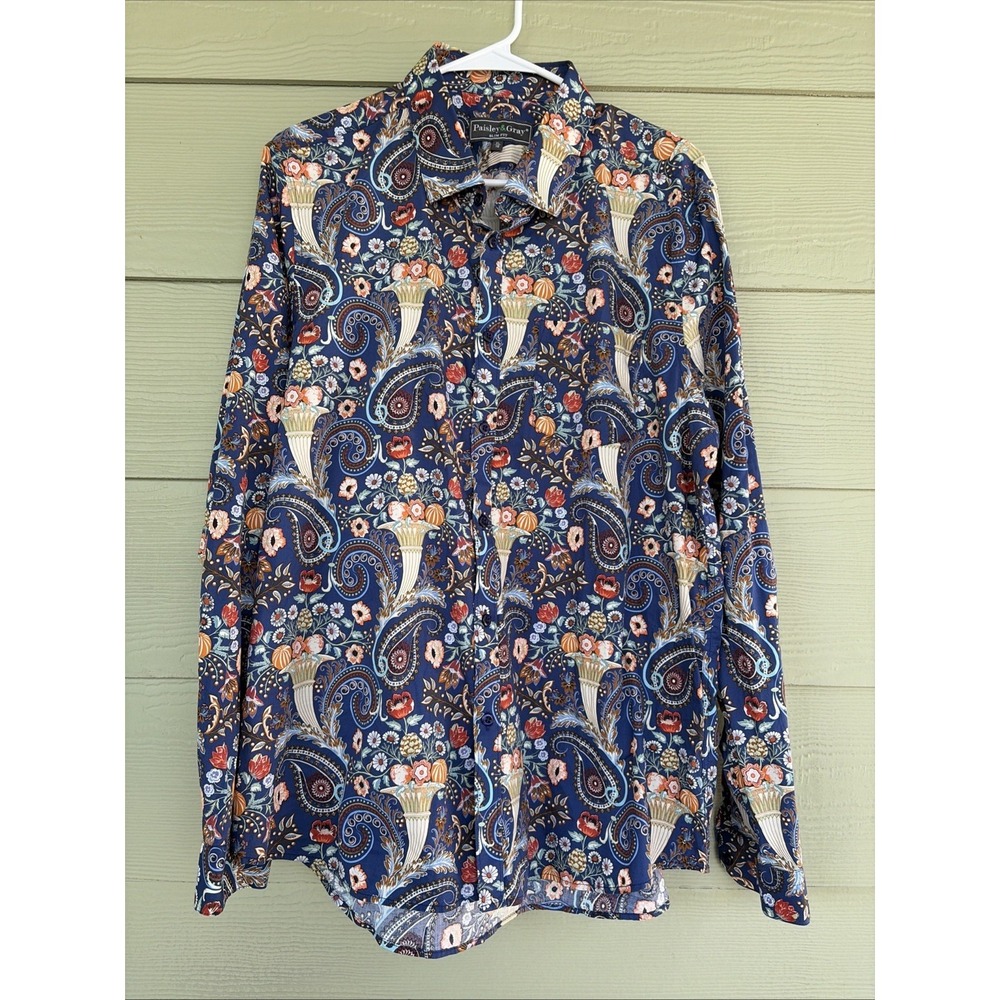 Paisley & Gray‎ Blue Fall Autumn Floral Flower Slim Fit Button Up Shirt XL 18